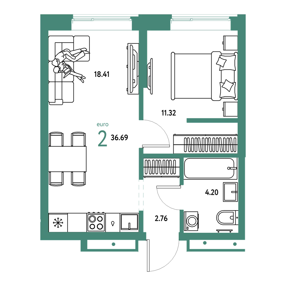 Планировка: Евродвушка 36,69 м²