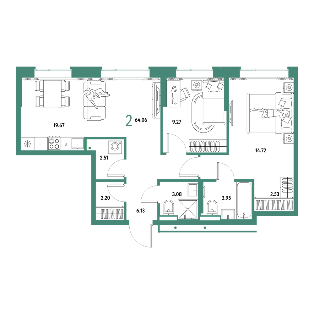 Планировка: Евротрёшка 64,06 м²