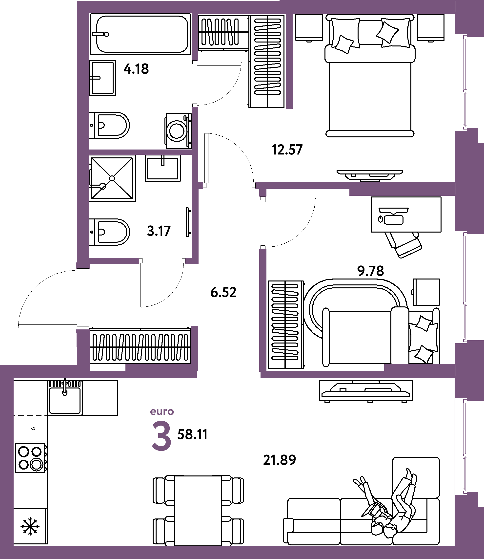 Планировка: Евротрёшка 58,11 м² в ЖК «Европейский берег 2.0»