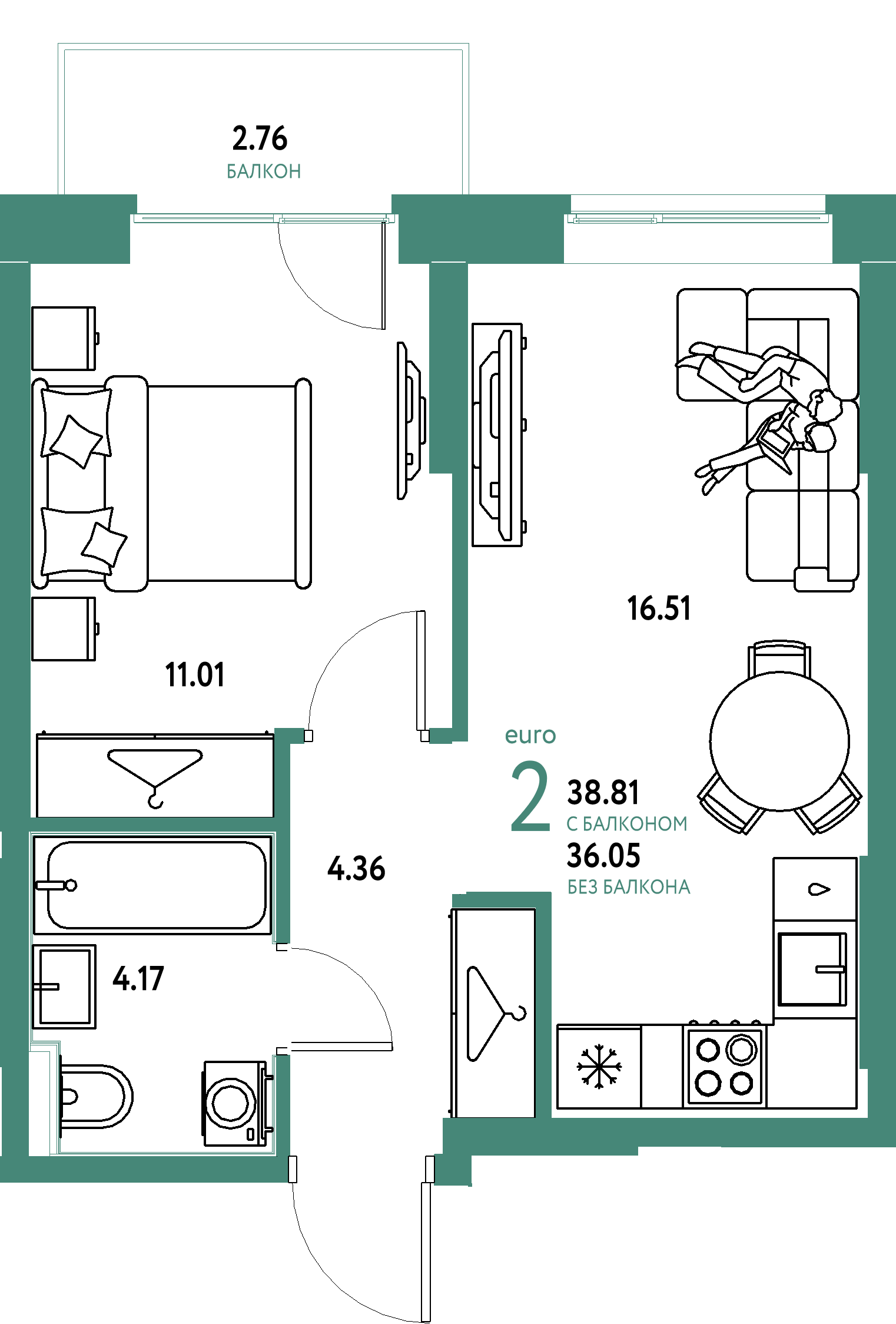 Планировка: Евродвушка 38,81 м² в ЖК «Европейский берег 2.0»
