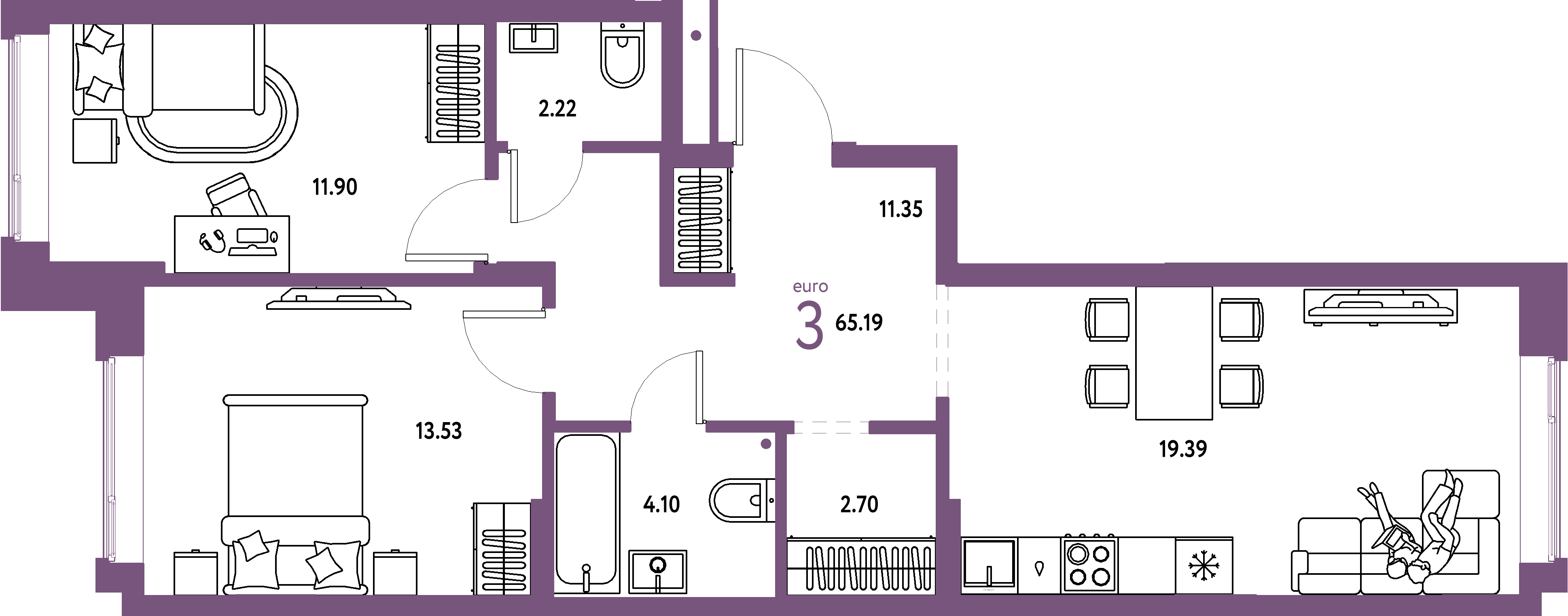 Планировка: Евротрёшка 65,19 м² в ЖК «Домашний»