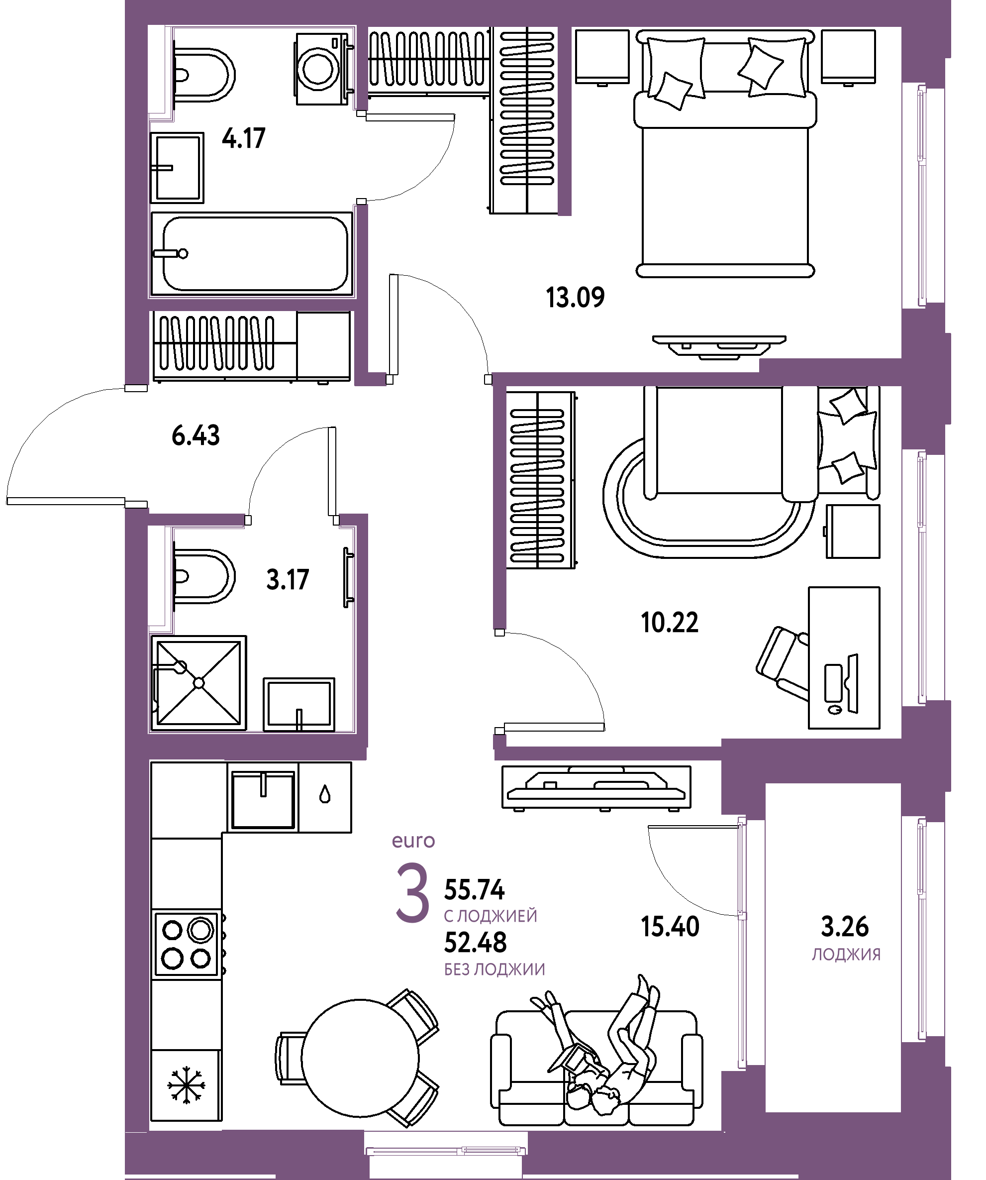 Планировка: Евротрёшка 55,74 м² в ЖК «Сердце Сибири»