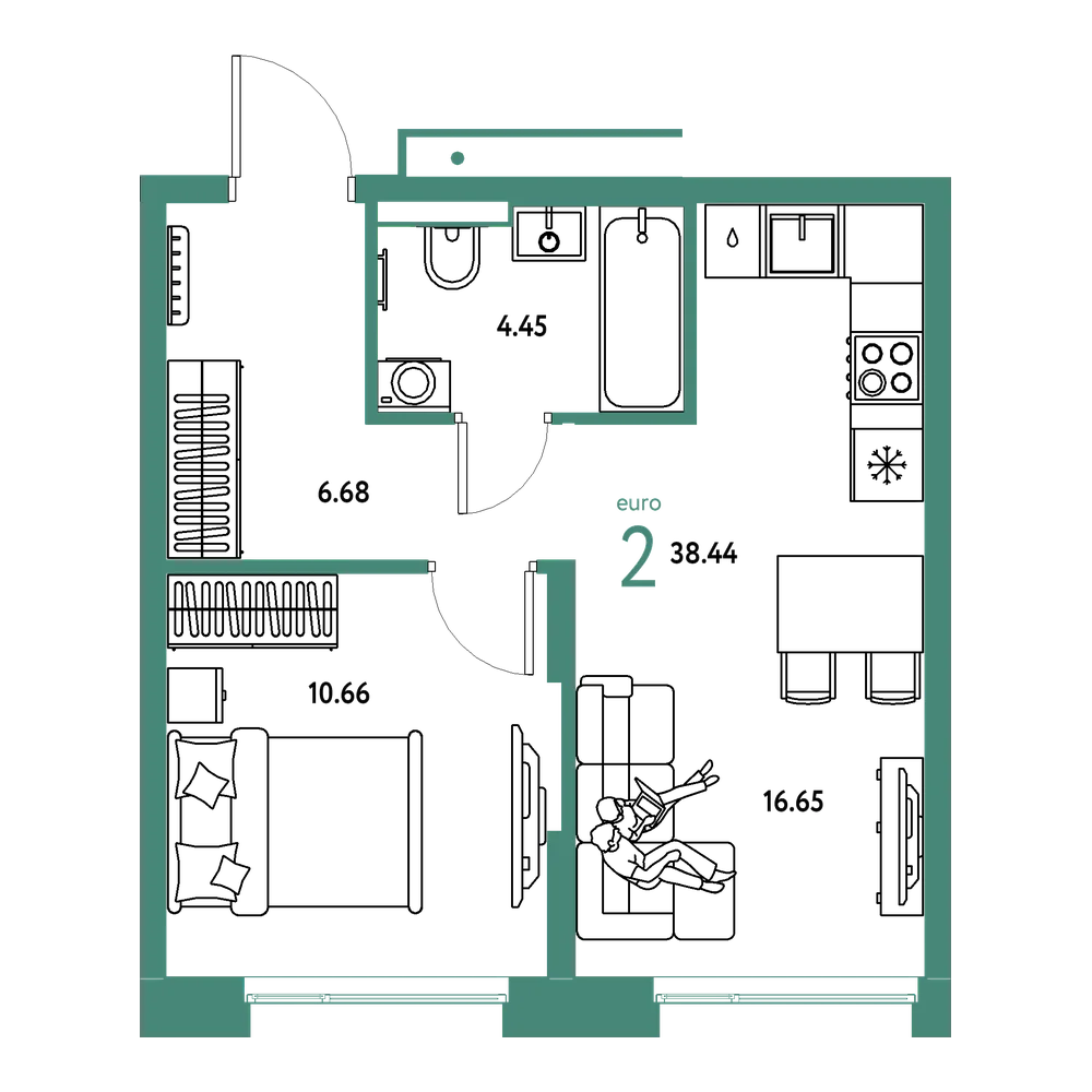 Планировка: Евродвушка 38,44 м²