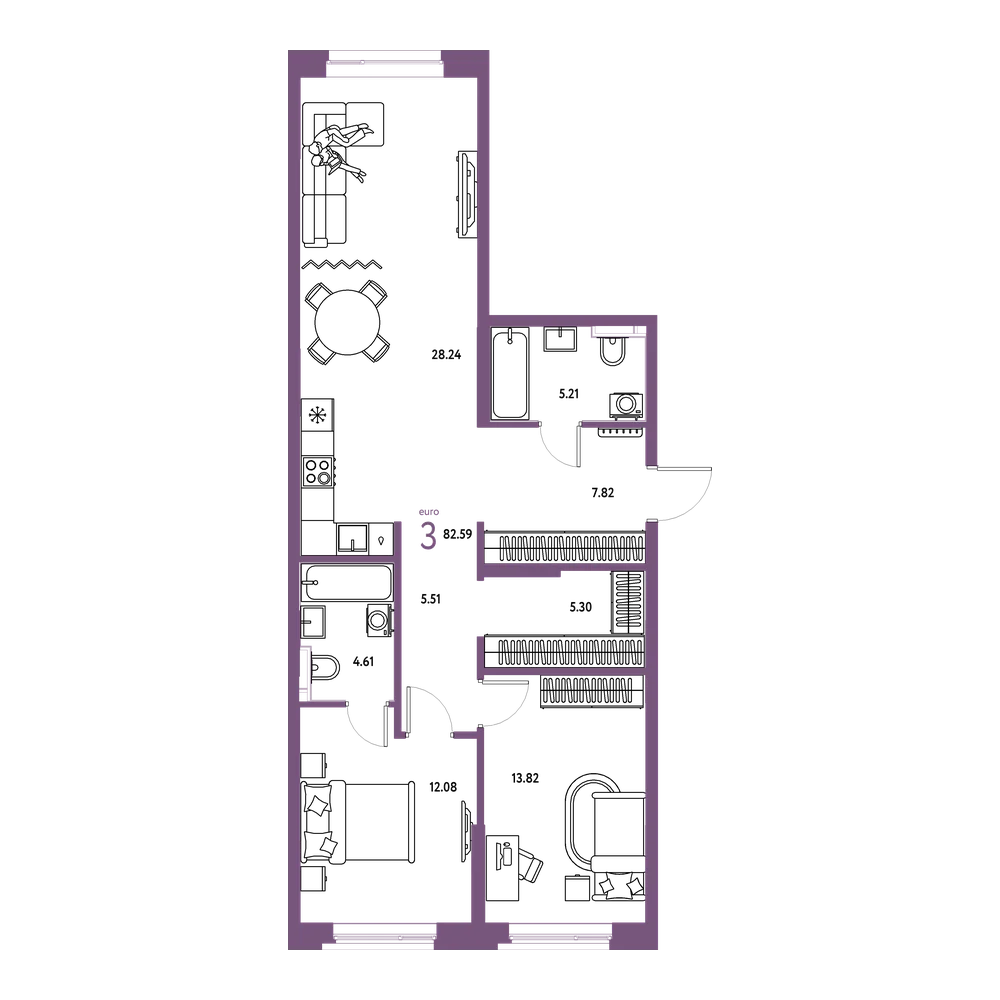 Планировка: Евротрёшка 82,61 м²