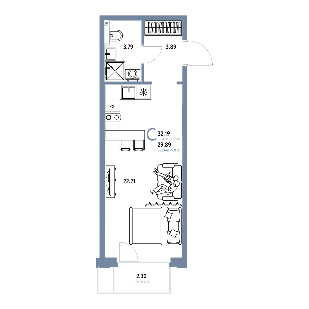 Планировка: Студия 32,19 м²