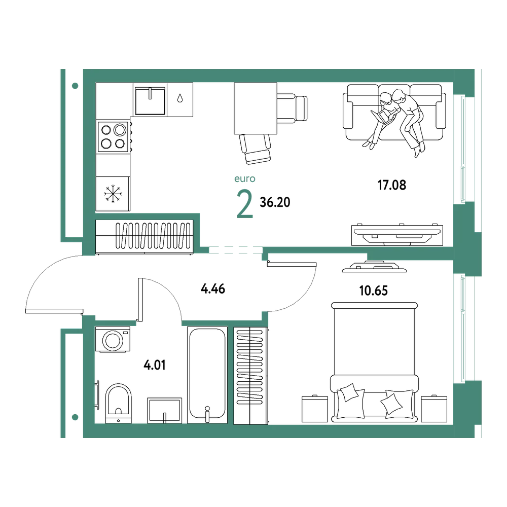 Планировка: Евродвушка 36,2 м²