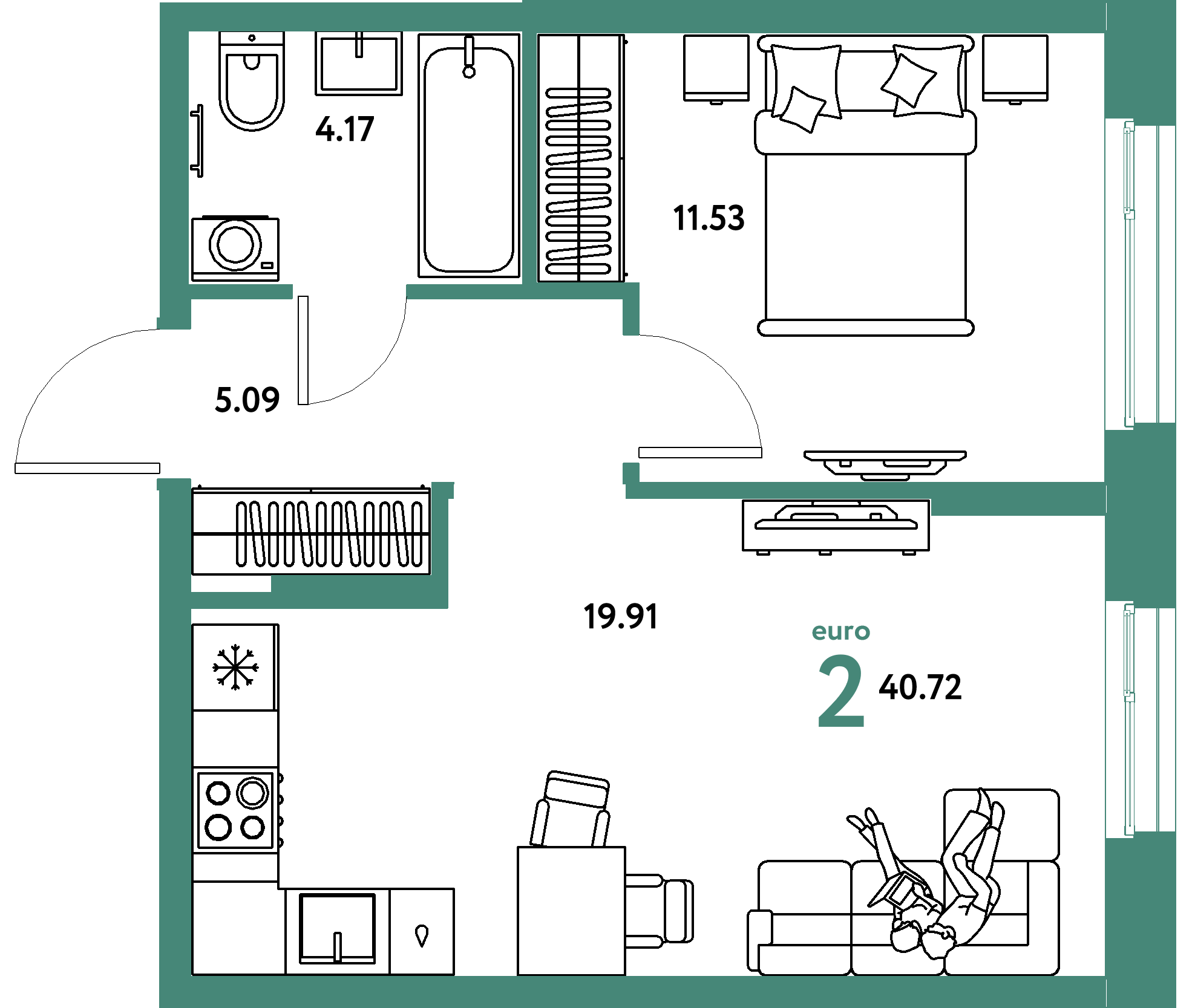 Планировка: Евродвушка 40,72 м² в ЖК «Европейский берег 2.0»