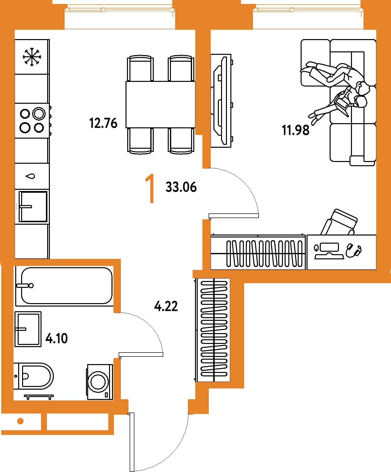 Планировка: 1-комнатная 33,06 м² в ЖК «Домашний»
