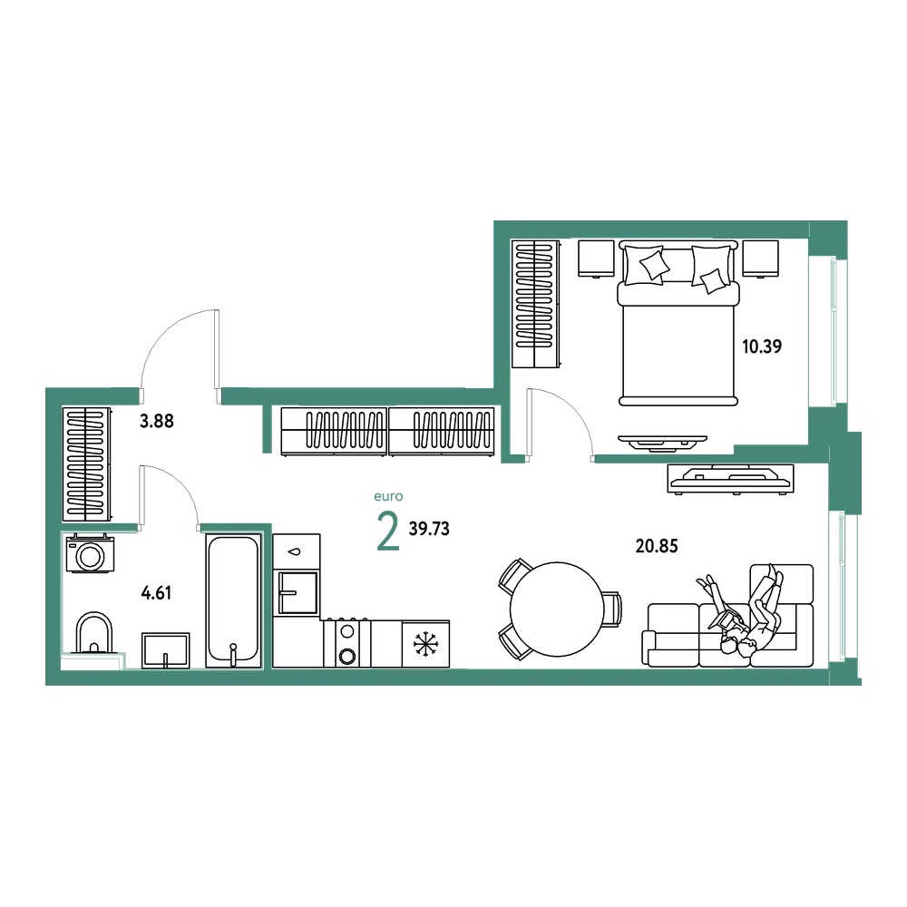 Планировка: Евродвушка 39,73 м²