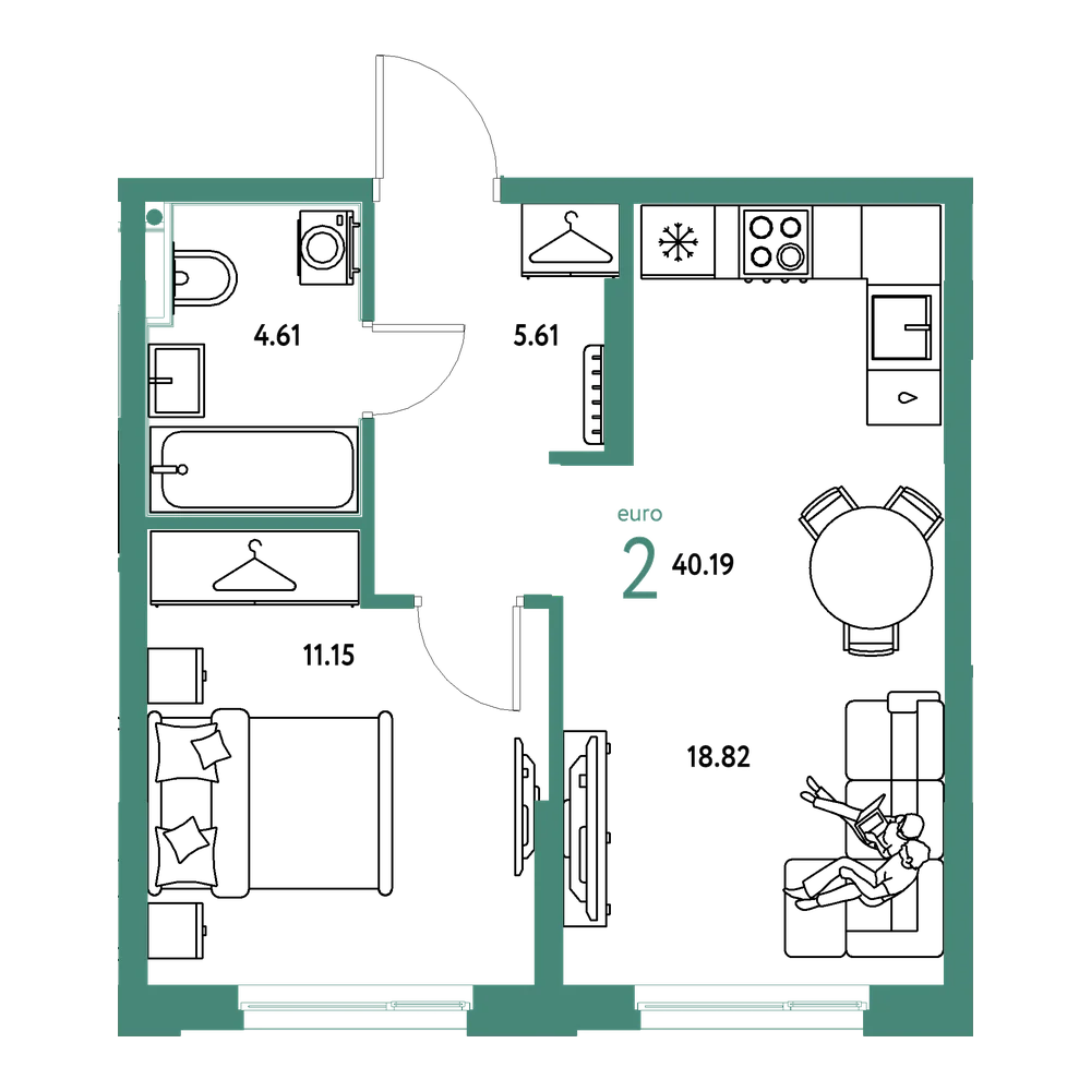 Планировка: Евродвушка 40,19 м²