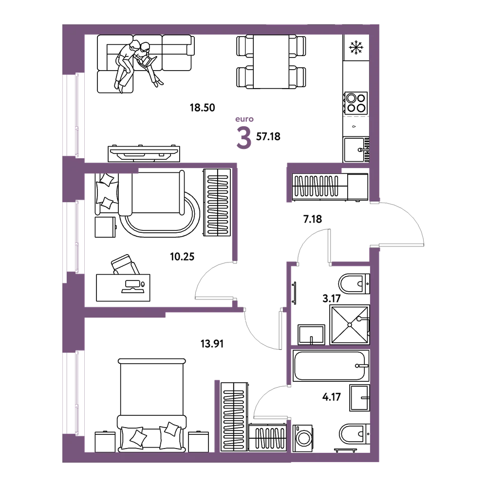Планировка: Евротрёшка 57,18 м²