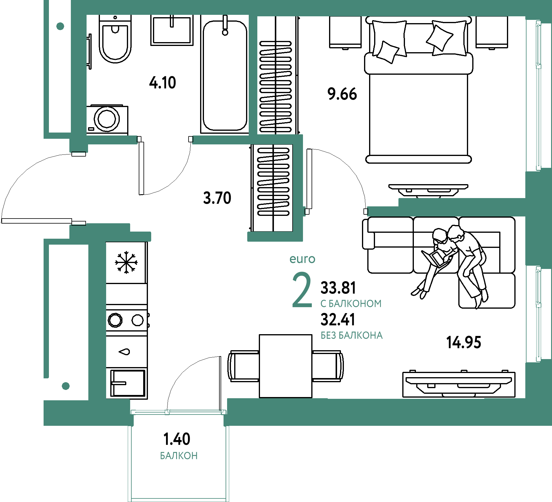 Планировка: Евродвушка 33,81 м² в ЖК «Домашний»