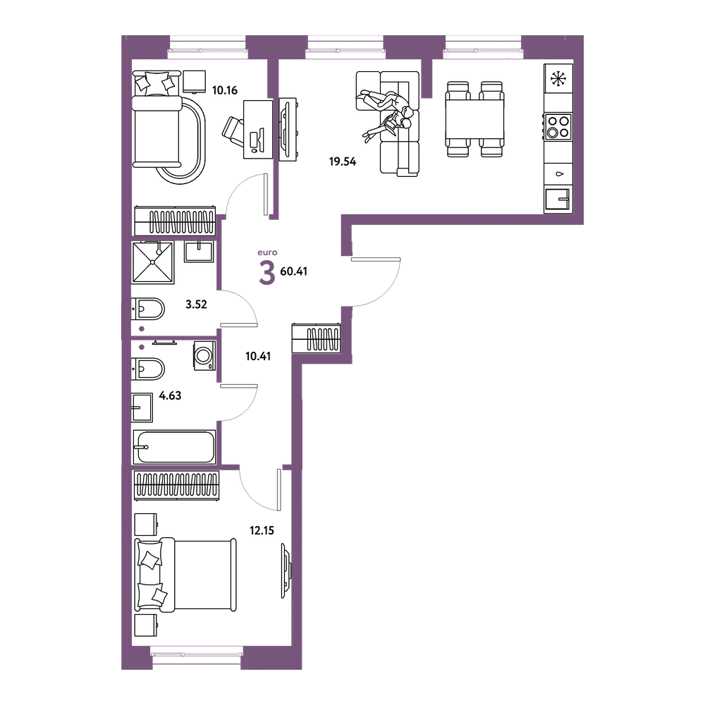 Планировка: Евротрёшка 60,41 м²