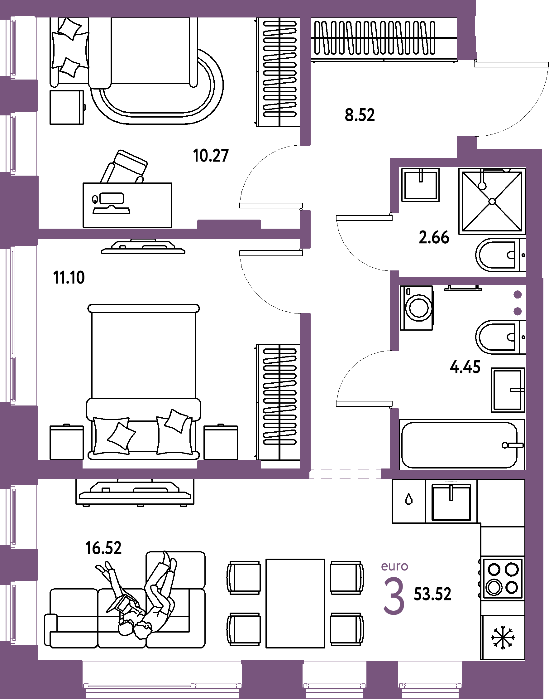 Планировка: Евротрёшка 53,52 м² в ЖК «Домашний»