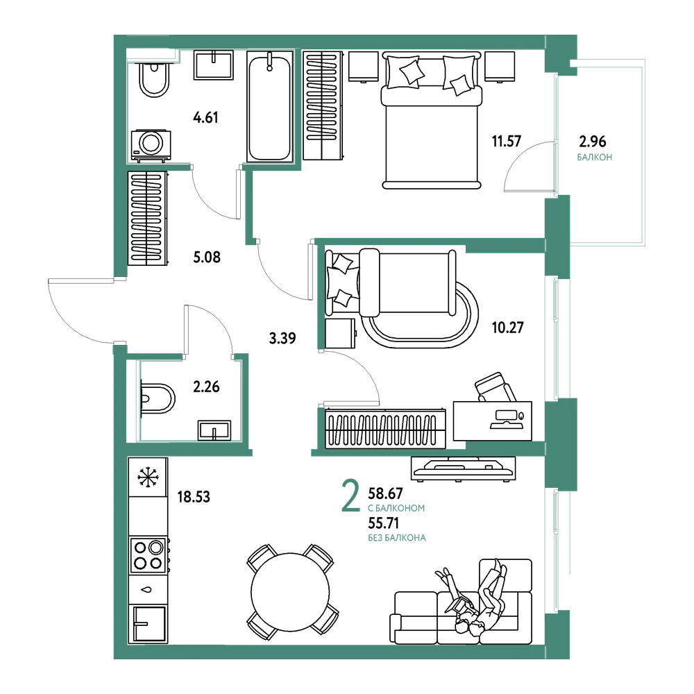 Планировка: 2-комнатная 58,39 м²