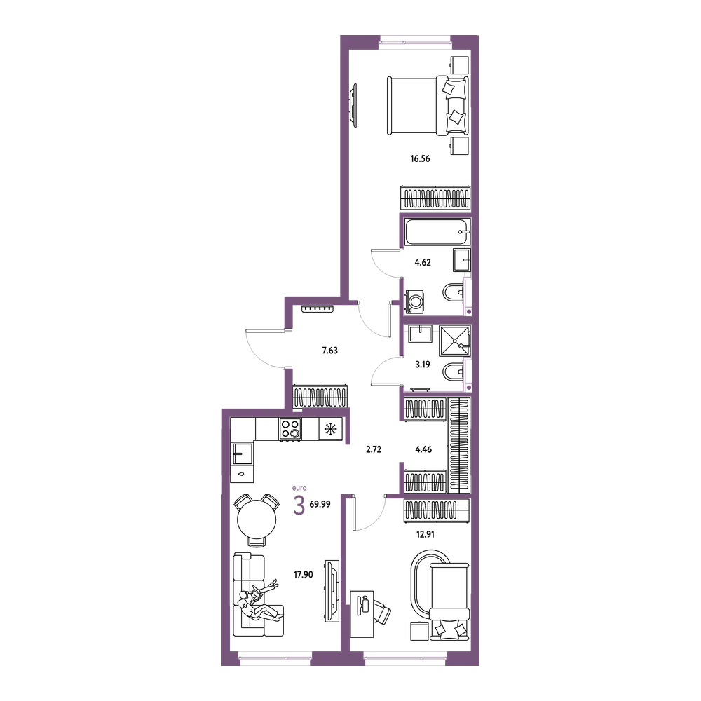 Планировка: Евротрёшка 69,99 м²