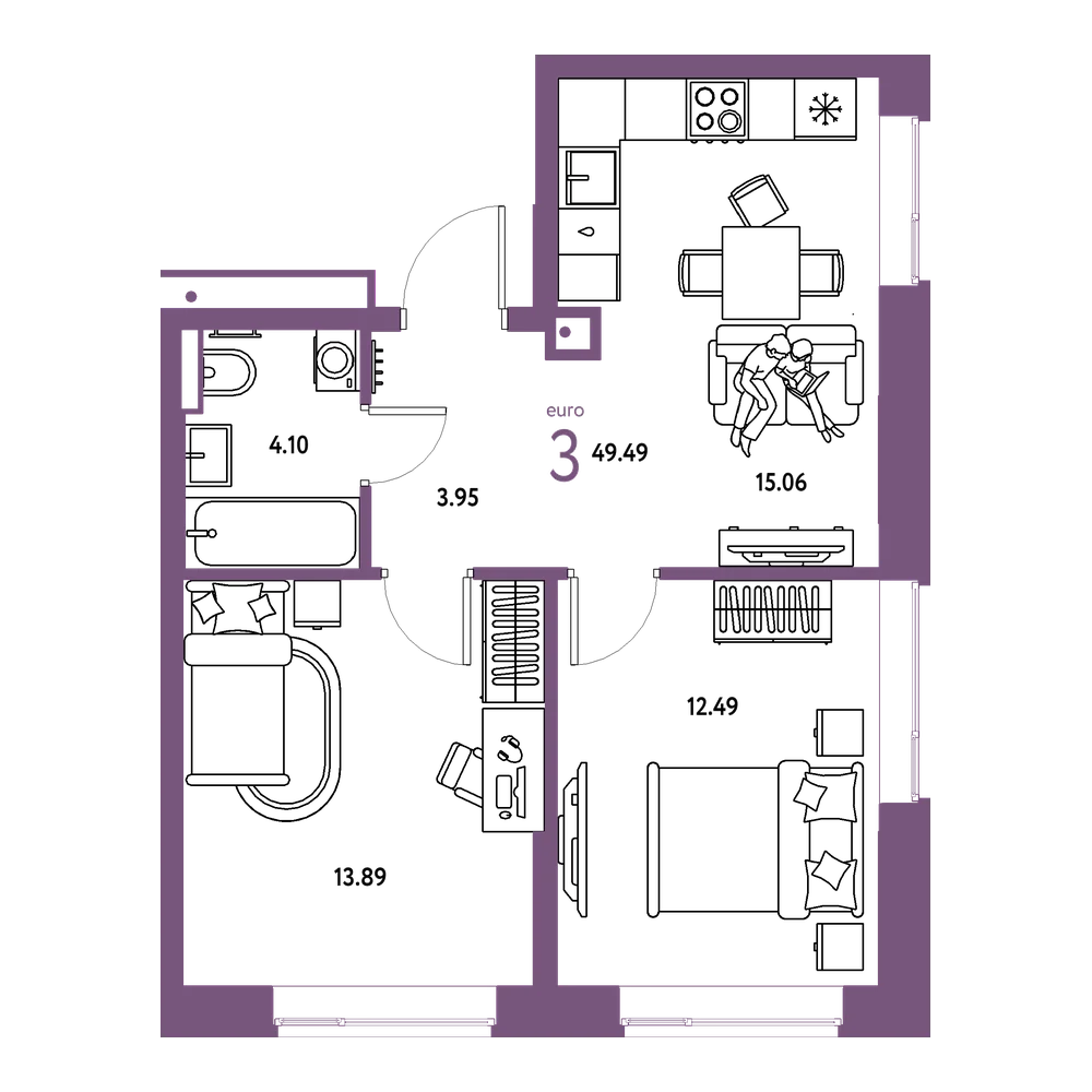 Планировка: Евротрёшка 49,49 м²