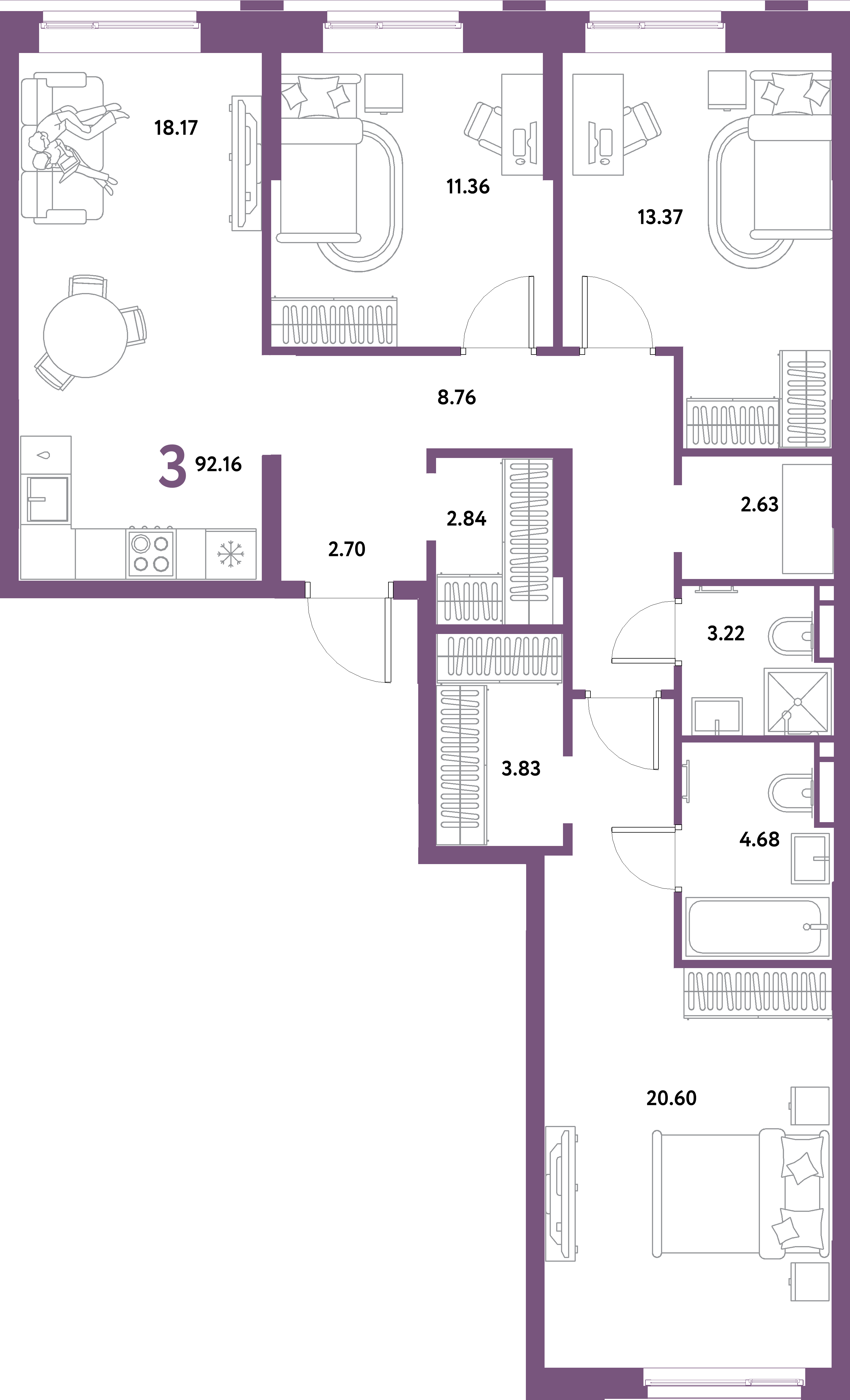 Планировка: 3-комнатная 92,16 м² в ЖК «Остров-сад»