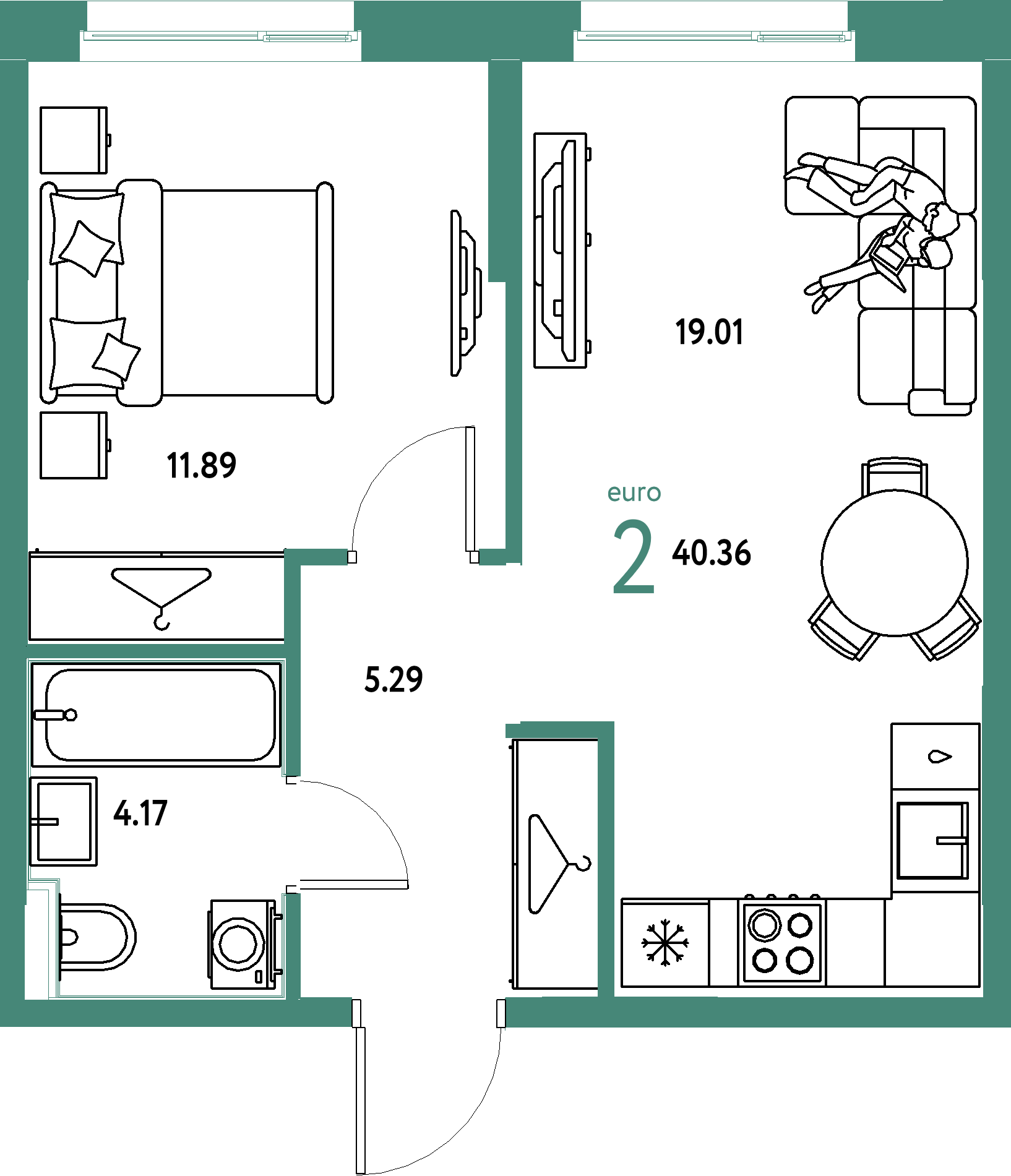 Планировка: Евродвушка 40,36 м² в ЖК «Европейский берег 2.0»