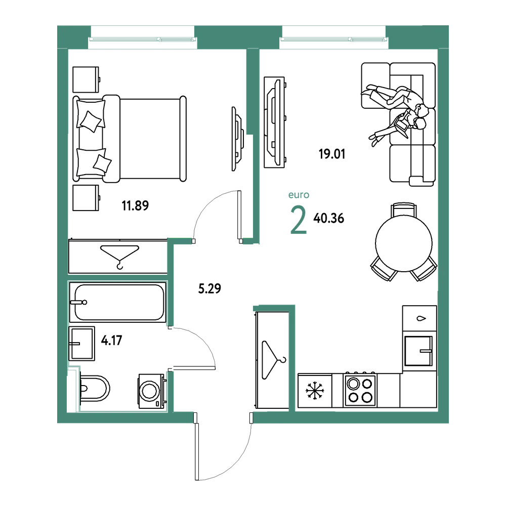 Планировка: Евродвушка 40,36 м²