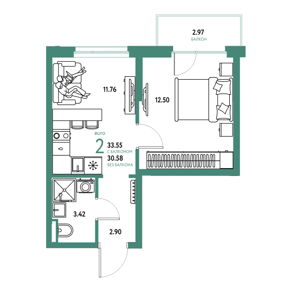 Планировка: Евродвушка 33,55 м²