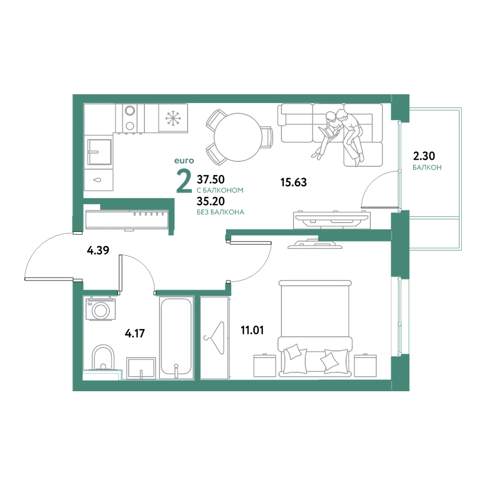 Планировка: Евродвушка 37,5 м²
