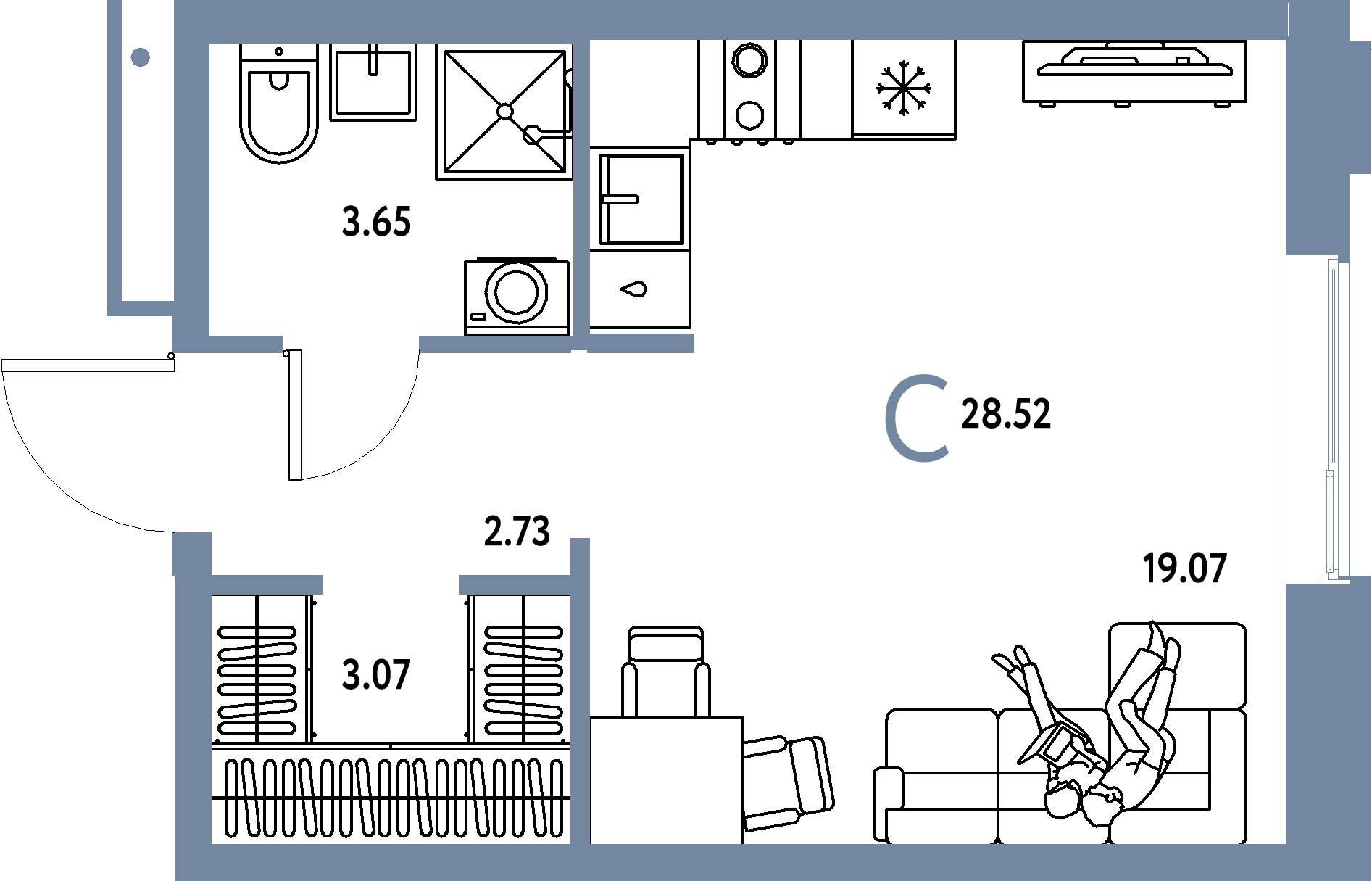 Планировка: Студия 28,52 м² в ЖК «Домашний»