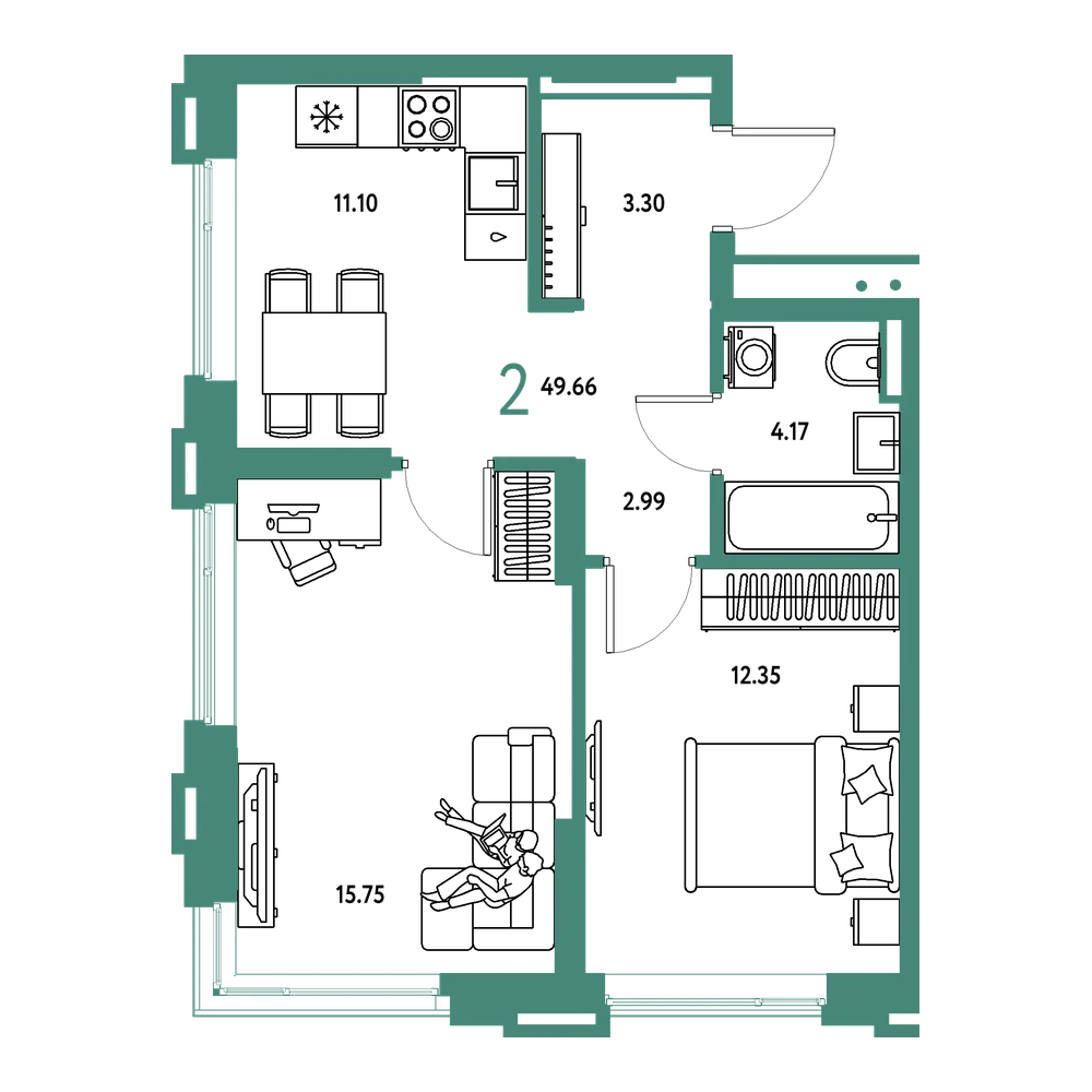 Планировка: 2-комнатная 49,66 м²
