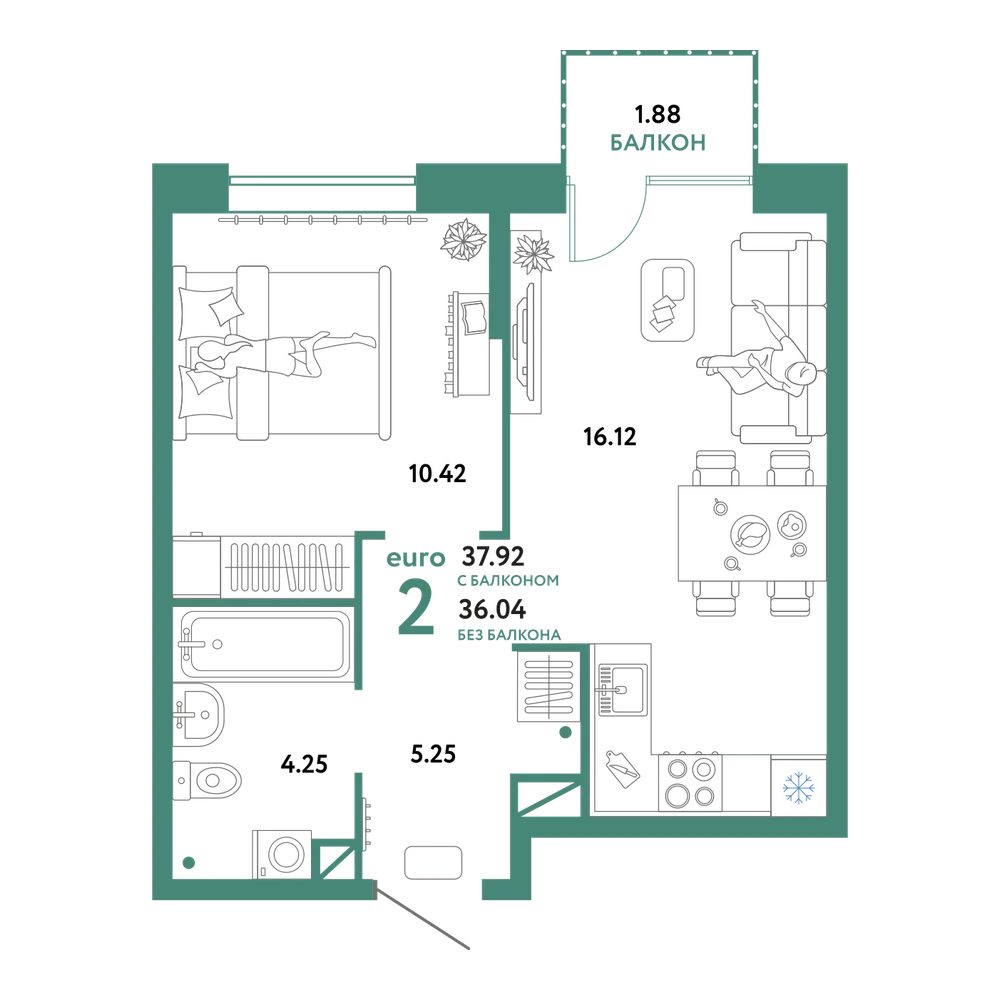 Планировка: Евродвушка 37,92 м²