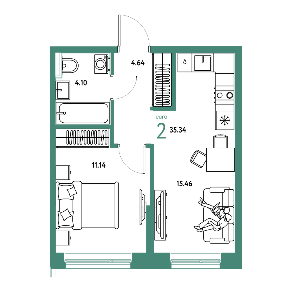 Планировка: Евродвушка 35,41 м²