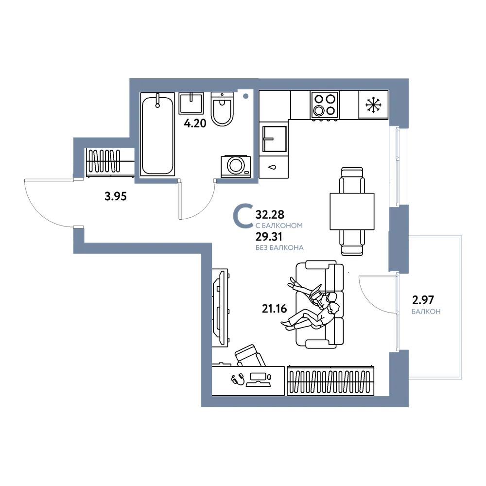 Планировка: Студия 32,28 м²