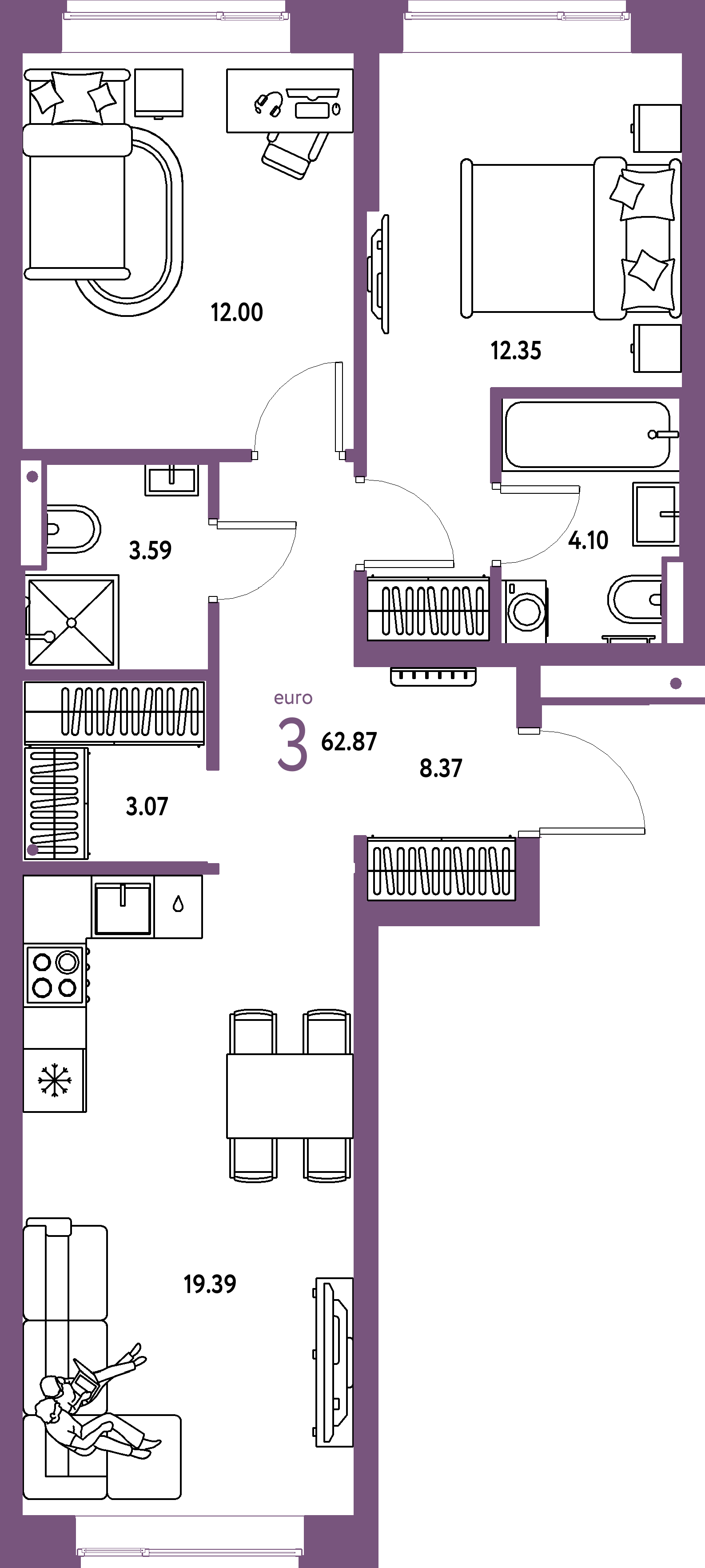 Планировка: Евротрёшка 62,87 м² в ЖК «Авторский»