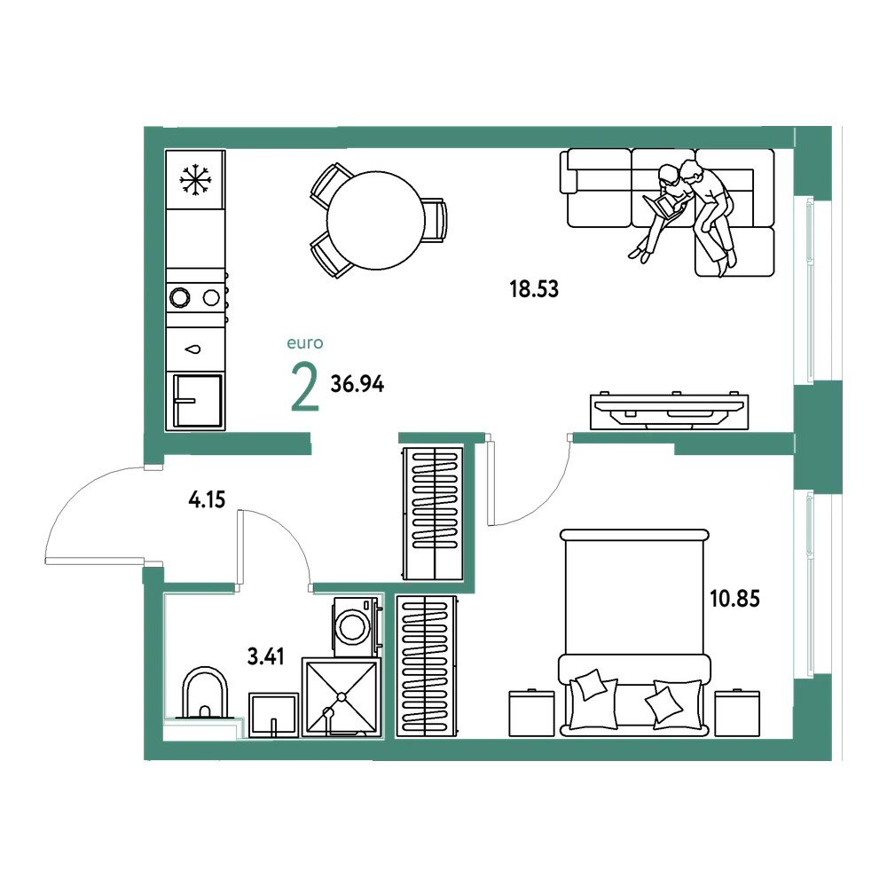 Планировка: Евродвушка 36,94 м²