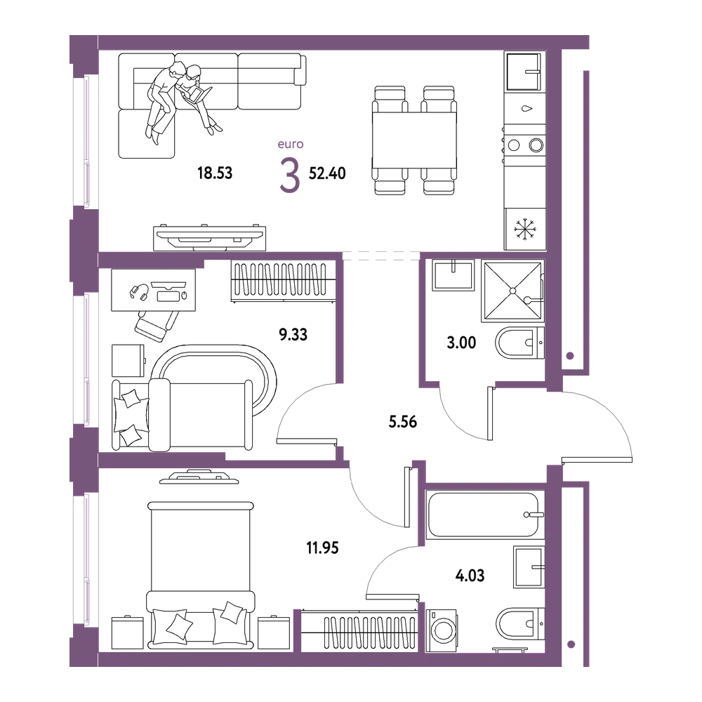 Планировка: Евротрёшка 52,4 м²