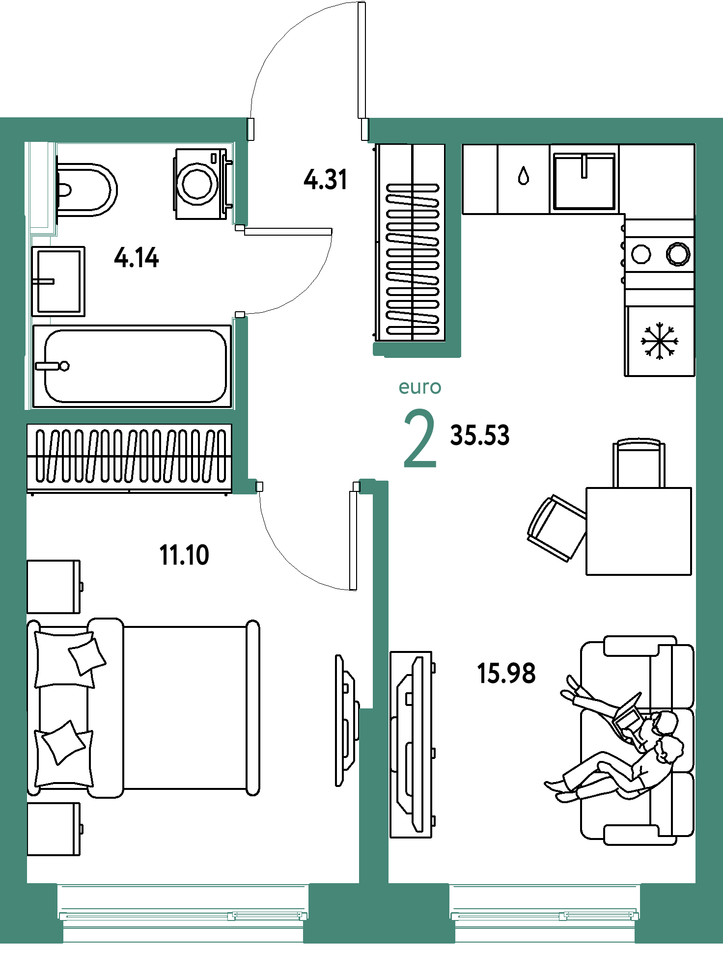 Планировка: Евродвушка 35,53 м² в ЖК «Остров-сад»