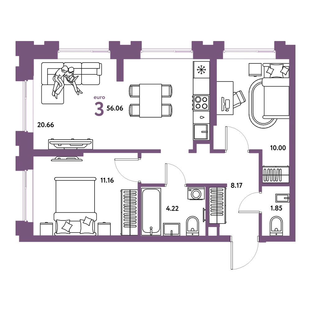 Планировка: Евротрёшка 56,06 м²
