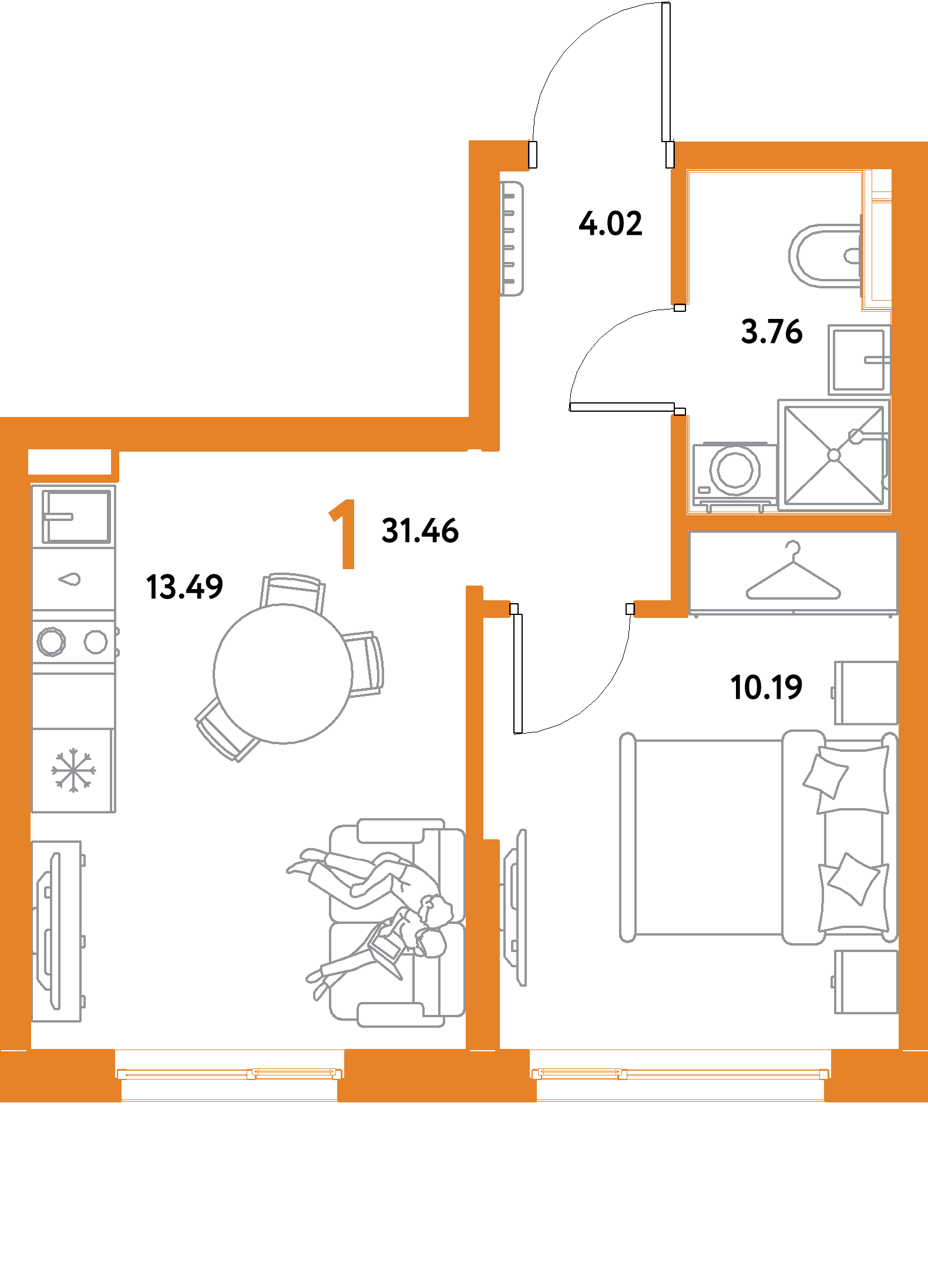 Планировка: 1-комнатная 31,46 м² в ЖК «Остров-сад»