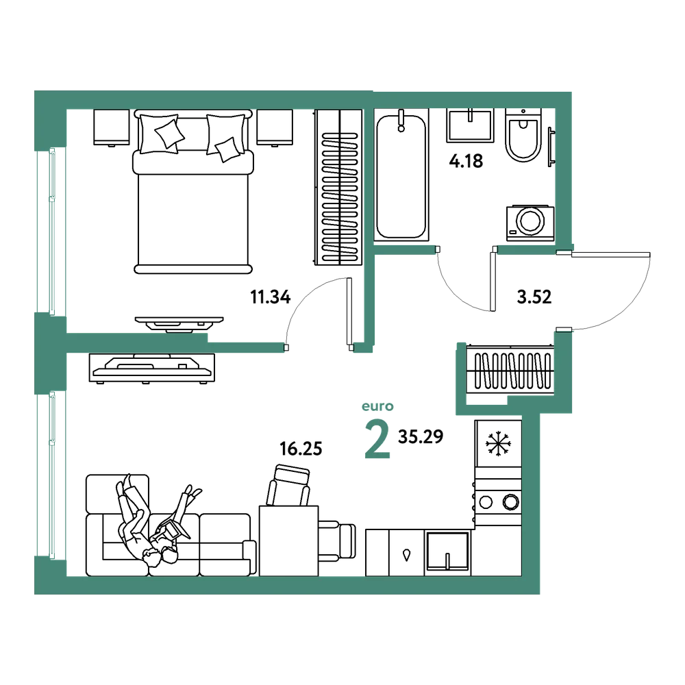 Планировка: Евродвушка 35,29 м²