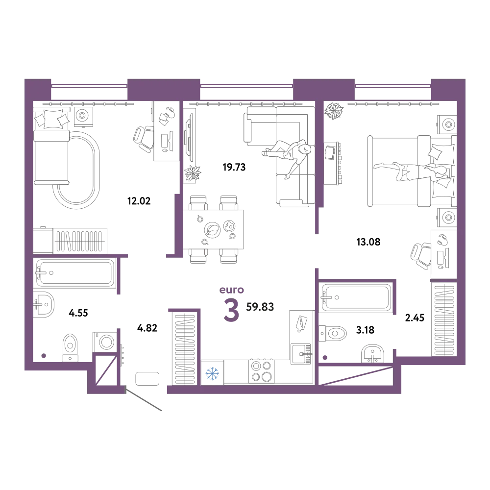 Планировка: Евротрёшка 59,83 м²