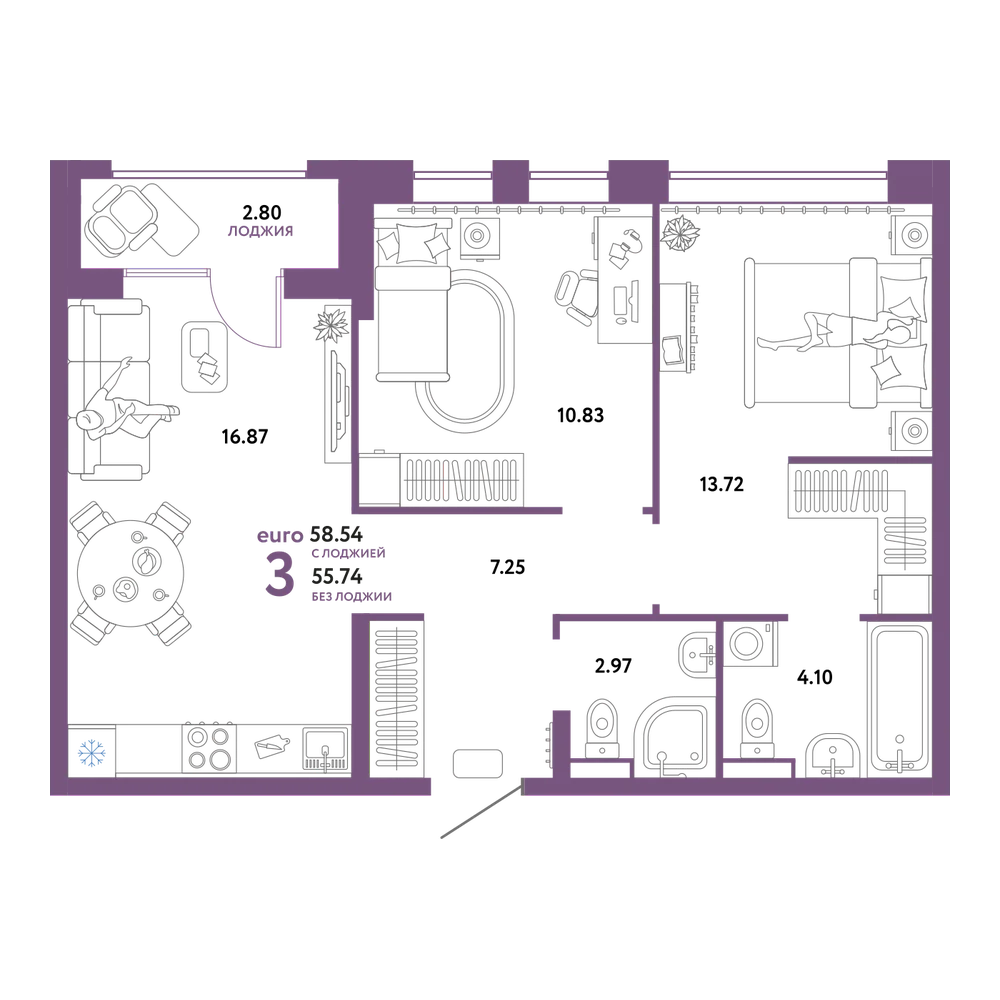 Планировка: Евротрёшка 58,54 м²