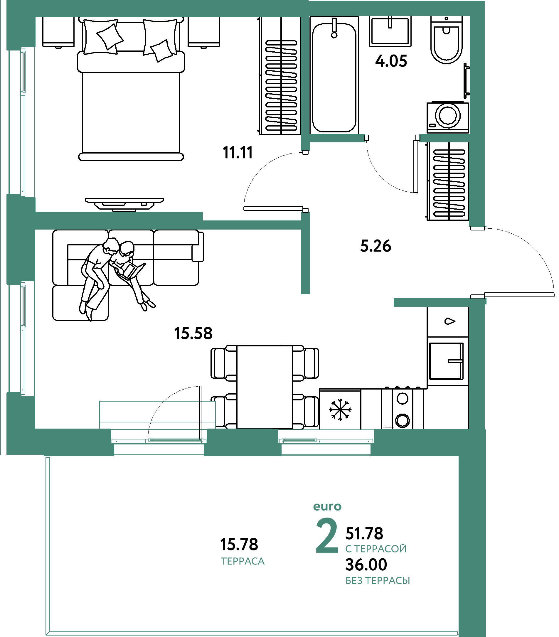 Планировка: Евродвушка 51,78 м² в ЖК «Европейский берег 2.0»