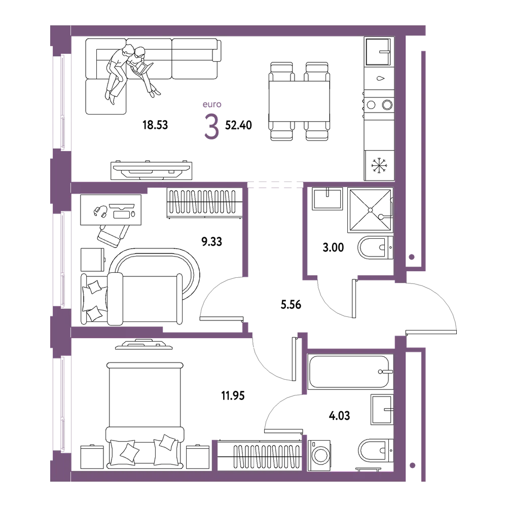 Планировка: Евротрёшка 52,4 м²