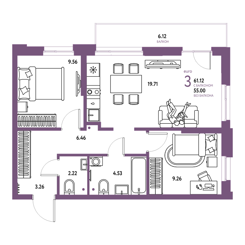 Планировка: Евротрёшка 61,12 м²