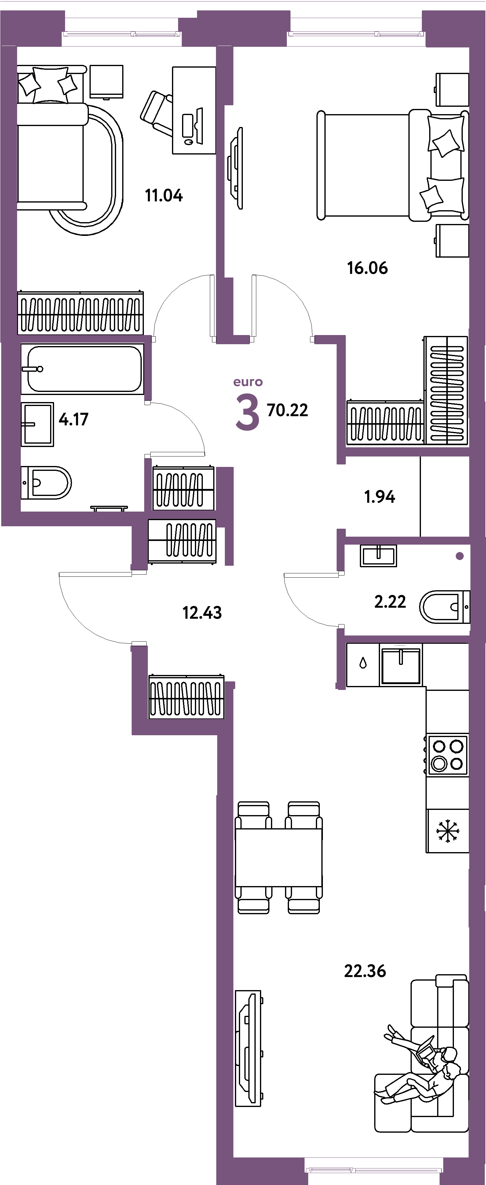 Планировка: Евротрёшка 70,22 м² в ЖК «Европейский берег 2.0»