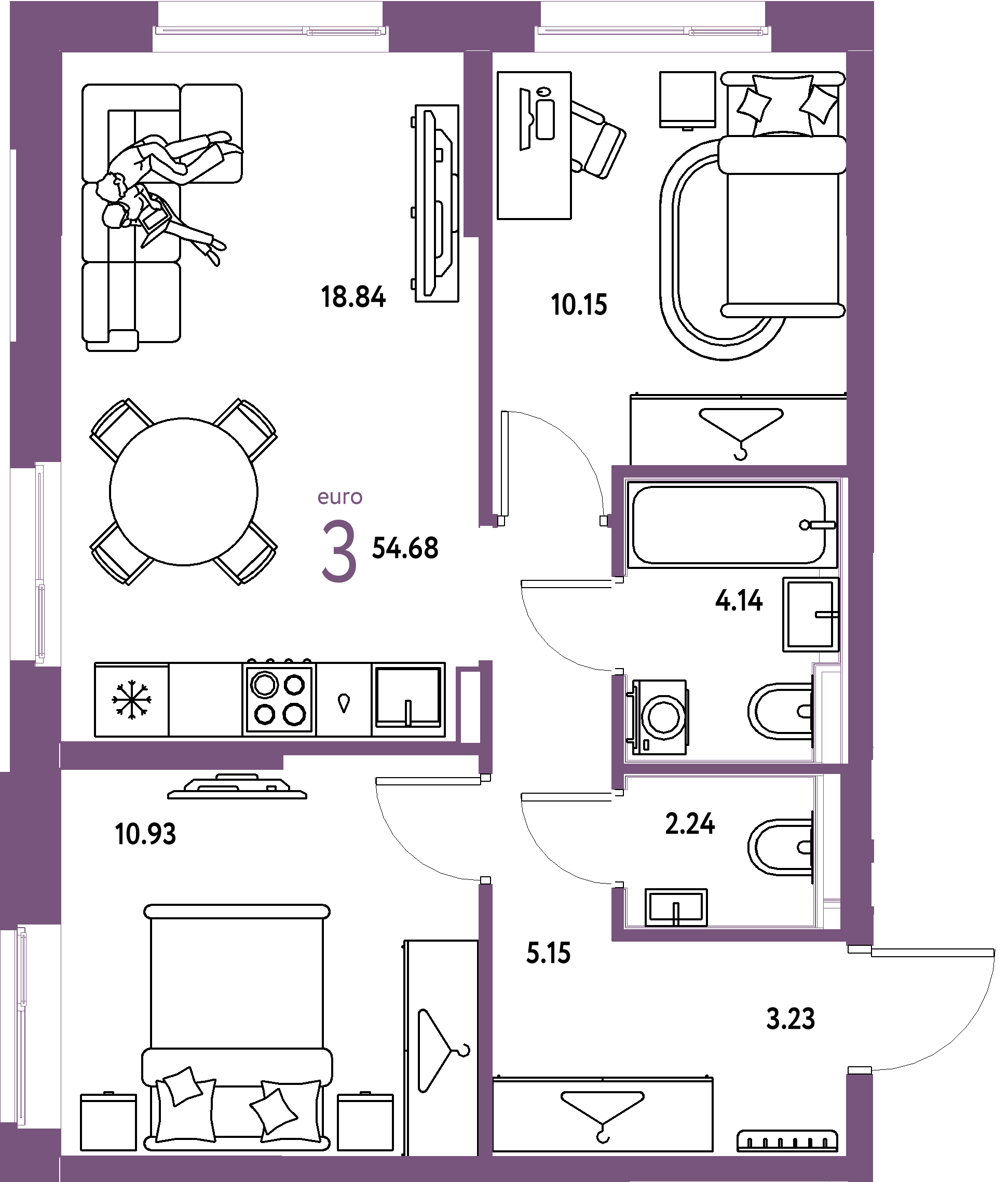 Планировка: Евротрёшка 54,7 м² в ЖК «Европейский берег 2.0»