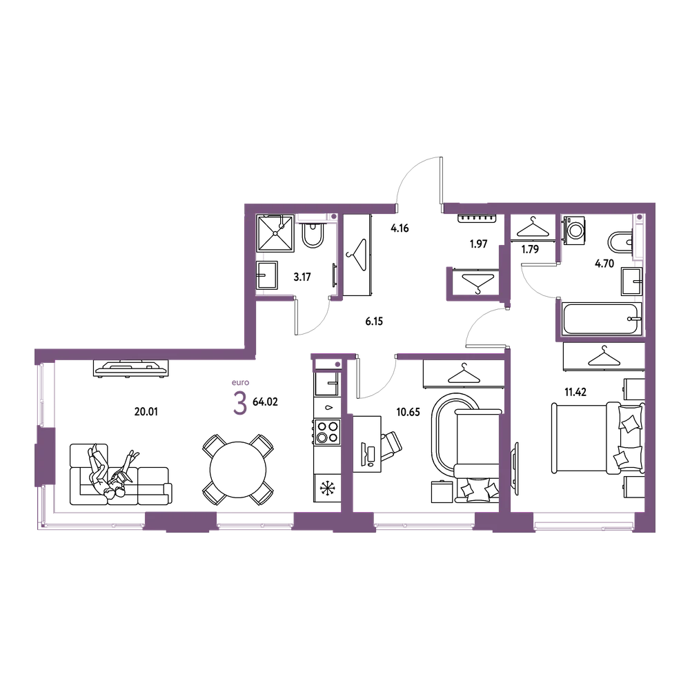 Планировка: Евротрёшка 64,02 м²