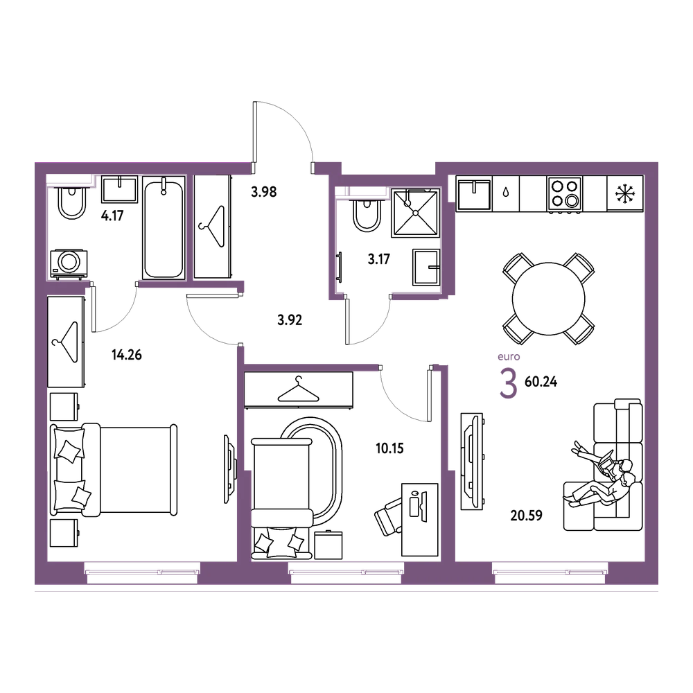 Планировка: Евротрёшка 60,24 м²