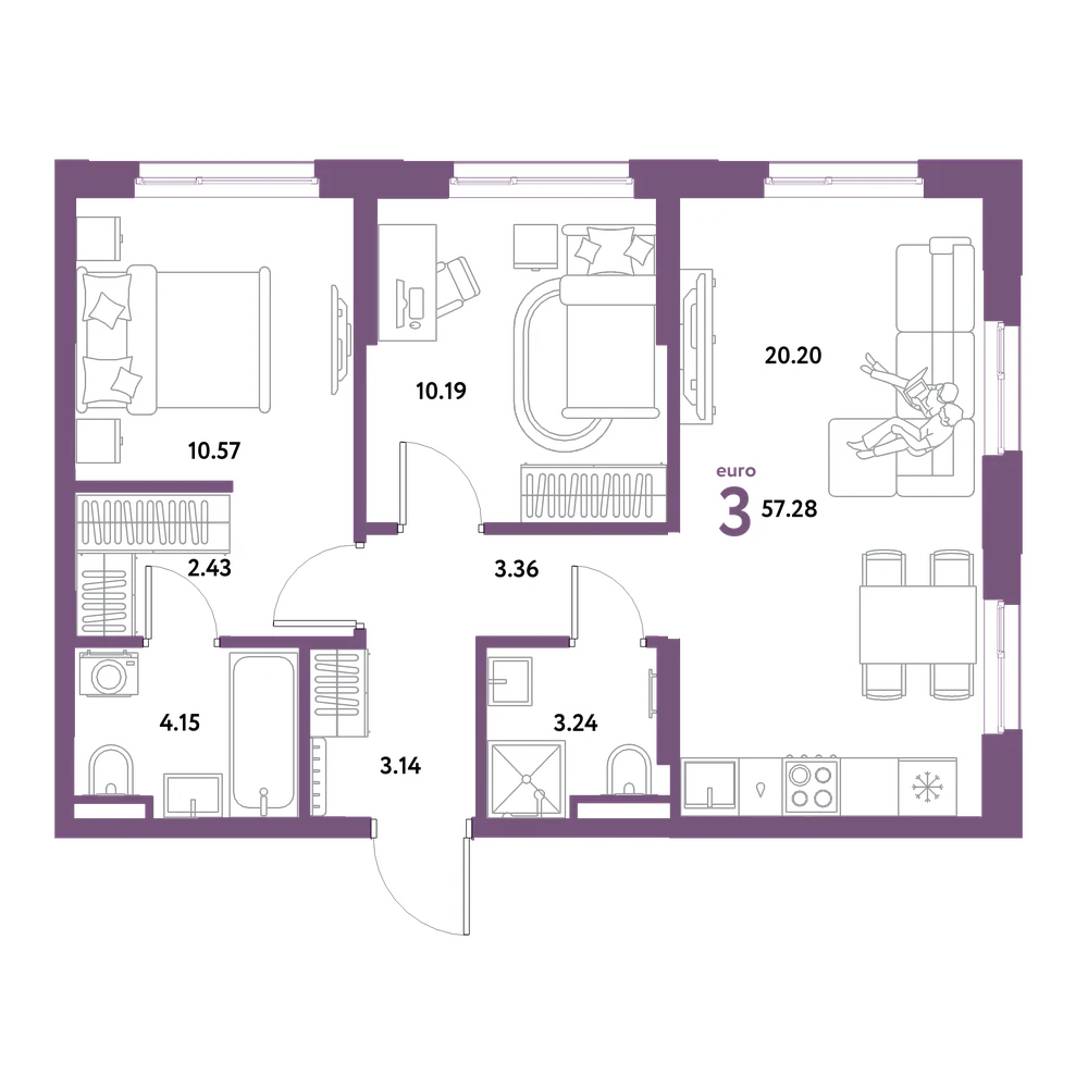 Планировка: Евротрёшка 57,28 м²
