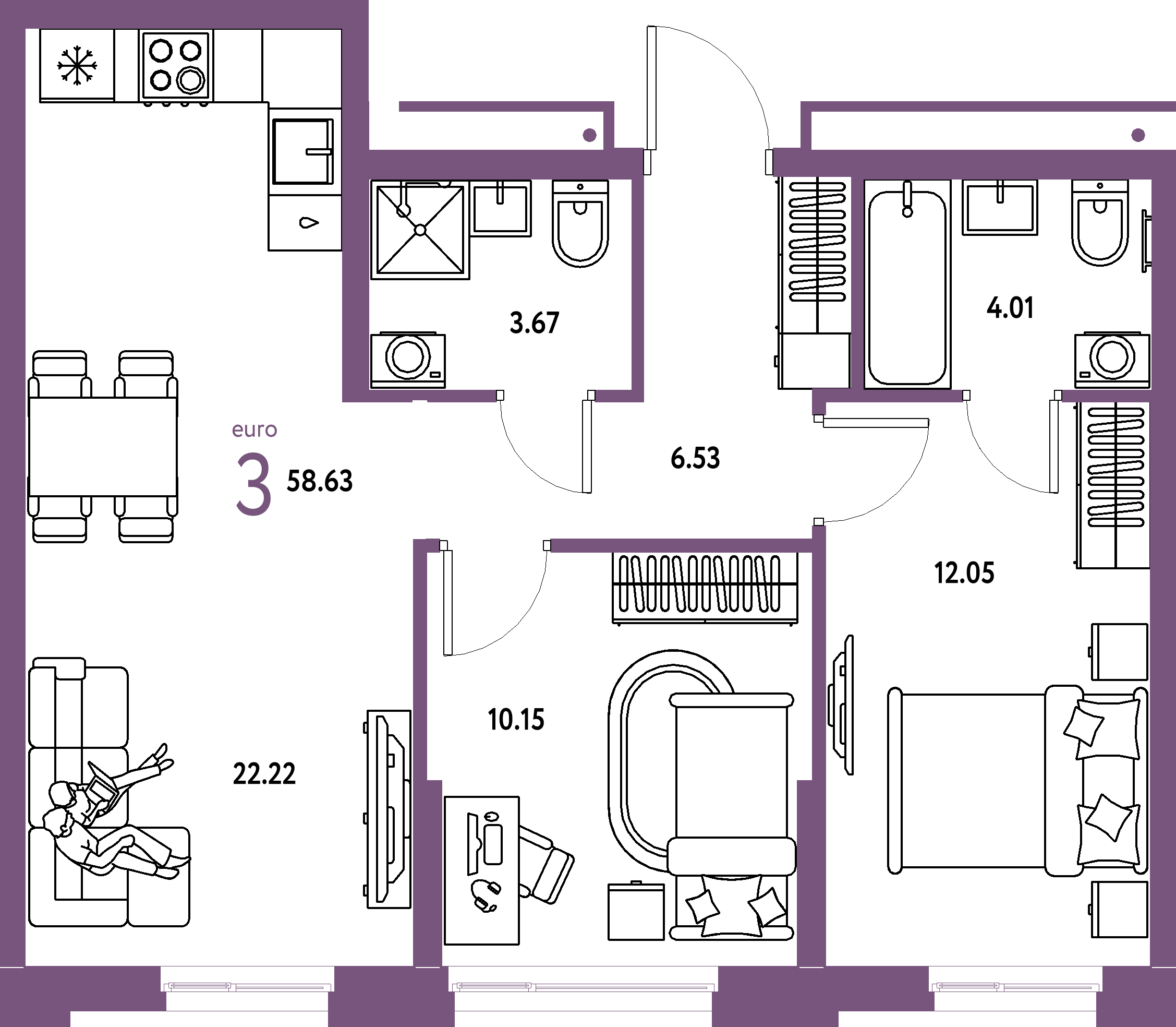Планировка: Евротрёшка 58,63 м² в ЖК «Домашний»