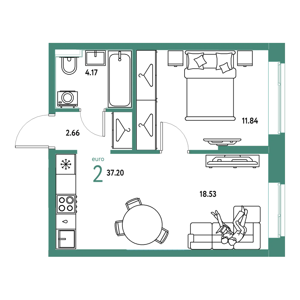 Планировка: Евродвушка 37,2 м²